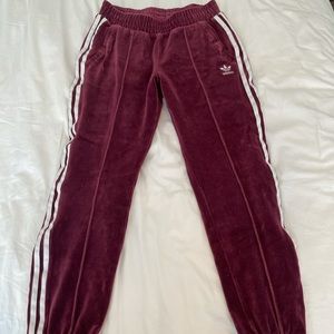 burgundy velour adidas sweatpants